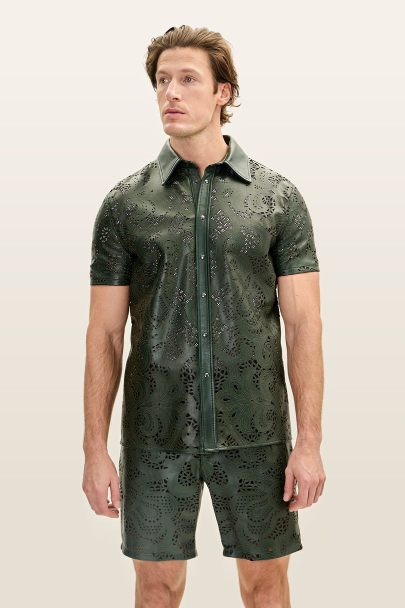 Cut-out Laser Leather Shirt - Green