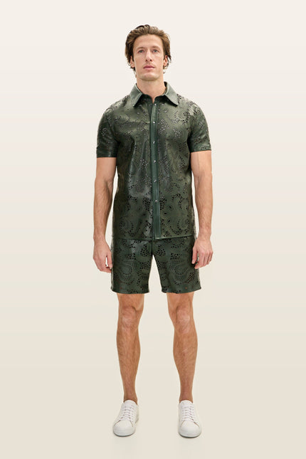 Cut-Out Leather Shorts - Olive