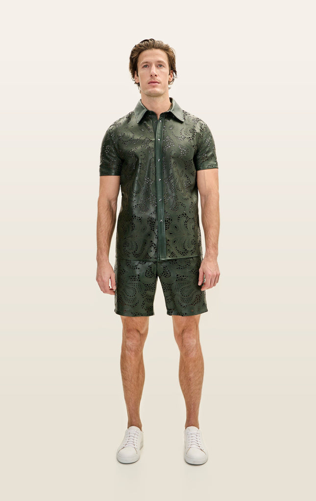 Cut-Out Leather Shorts - Olive