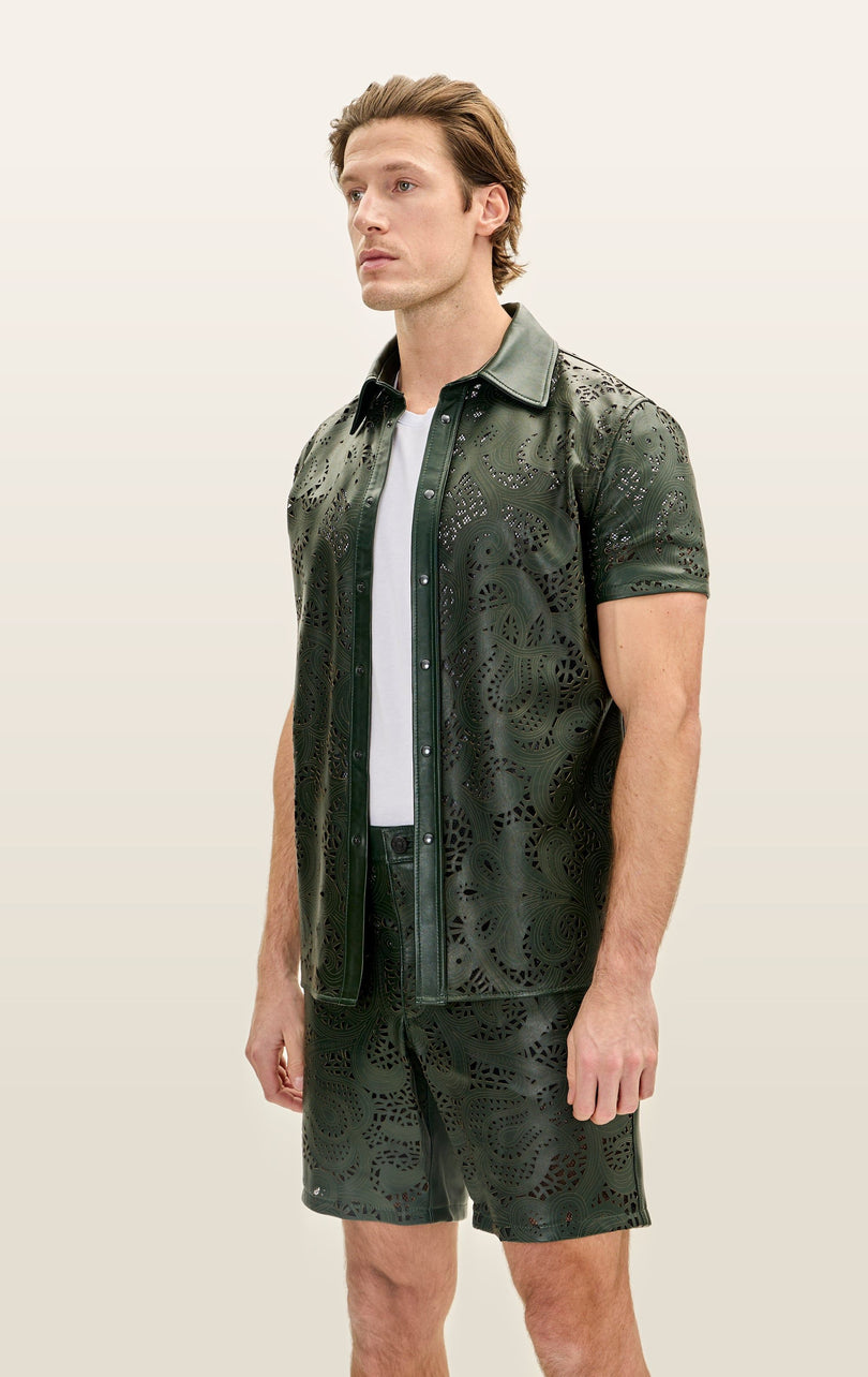 Cut-Out Leather Shorts - Olive