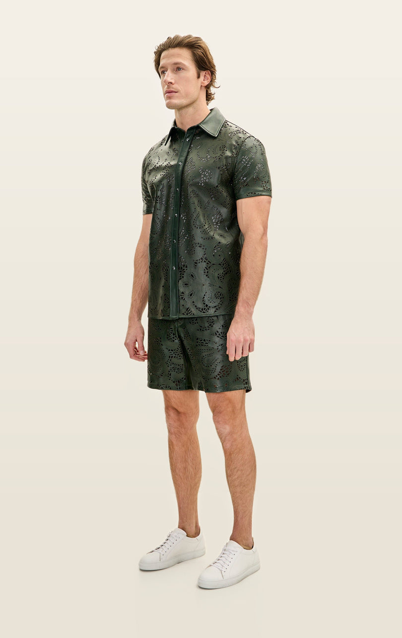 Cut-Out Leather Shorts - Olive