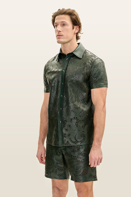 Cut-Out Leather Shorts - Olive