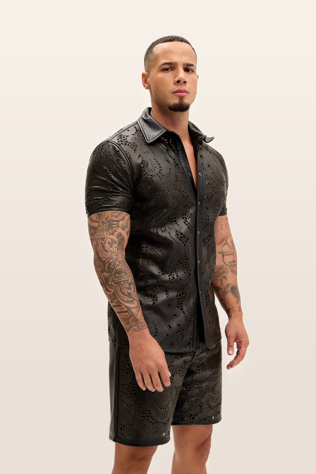 Cut-out Laser Leather Shirt - Black