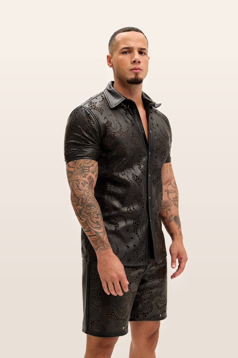 Cut-out Laser Leather Shirt - Black