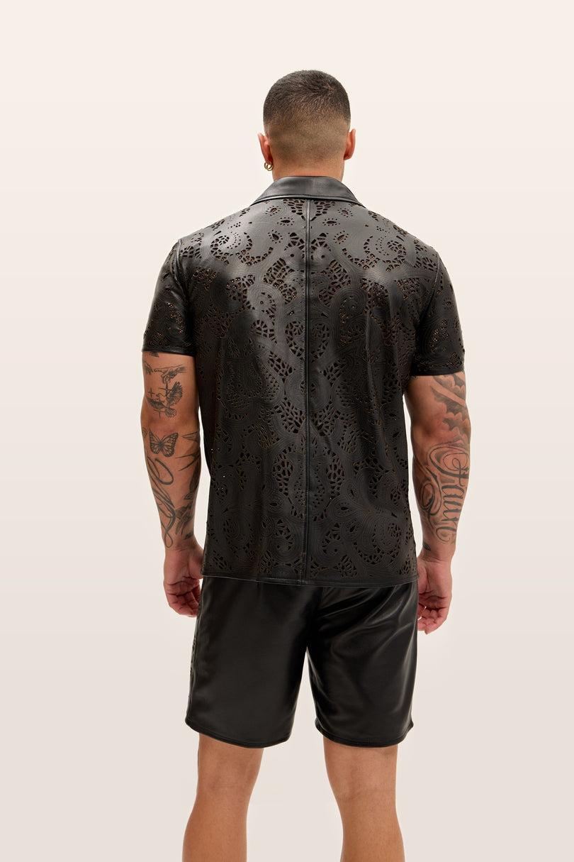 Cut-out Laser Leather Shirt - Black
