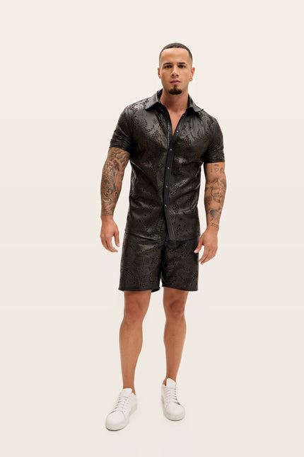Cut-out Laser Leather Shirt - Black
