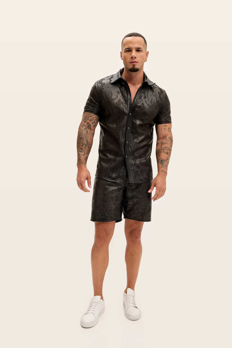 Cut-out Laser Leather Shirt - Black
