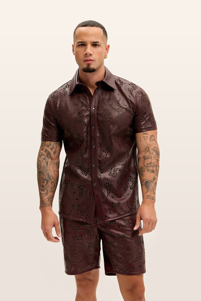 Cut-out Laser Leather Shirt - Wine