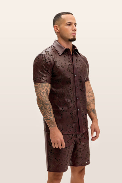 Cut-out Laser Leather Shirt - Wine