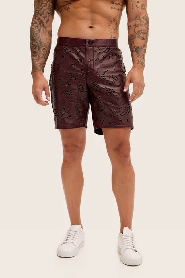 Cut-Out Leather Shorts - Wine