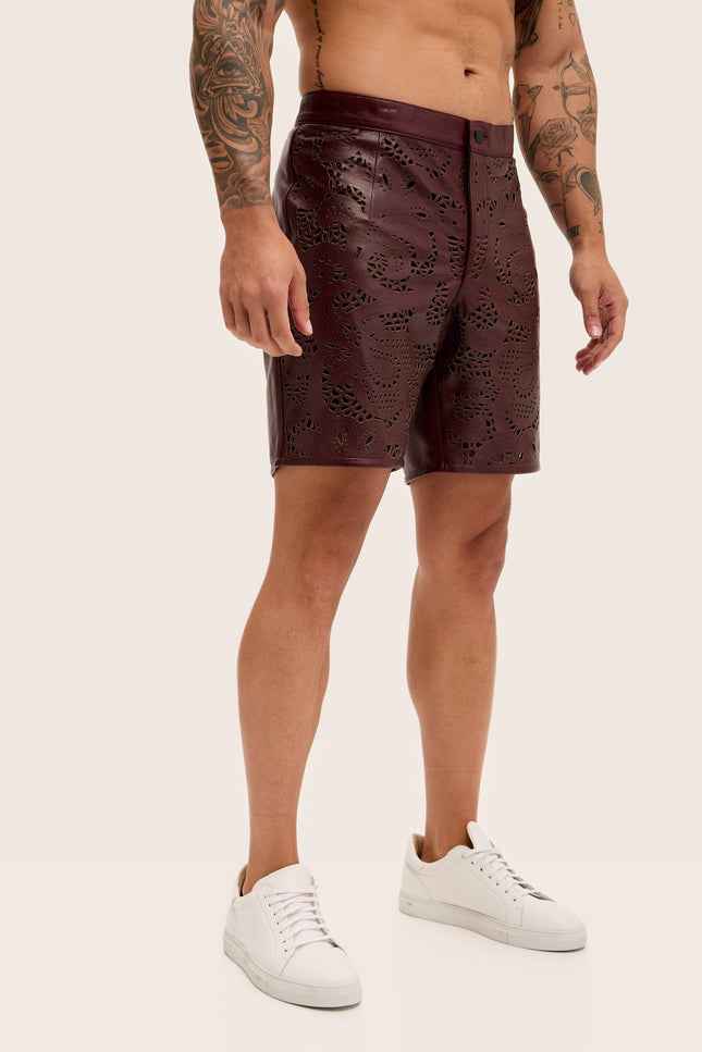 Cut-Out Leather Shorts - Wine
