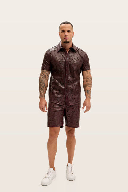 Cut-Out Leather Shorts - Wine