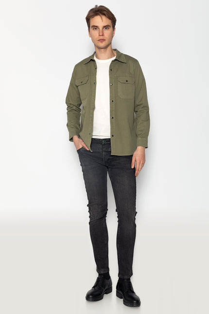 Snap-Button Point Collar Shirt - Khaki