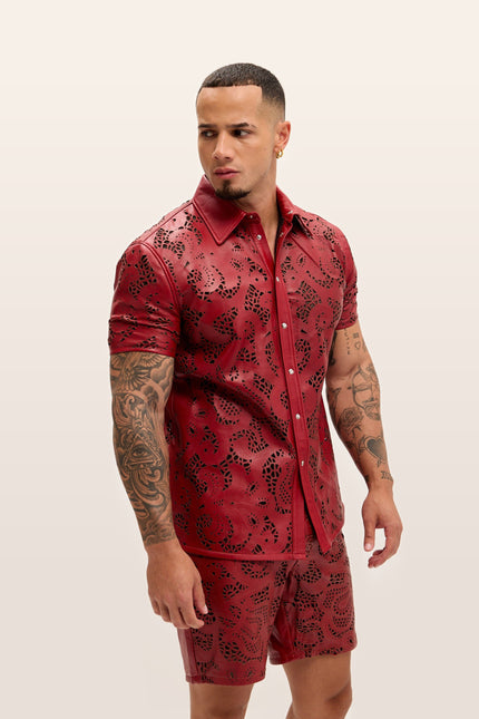 Cut-out Laser Leather Shirt - Red