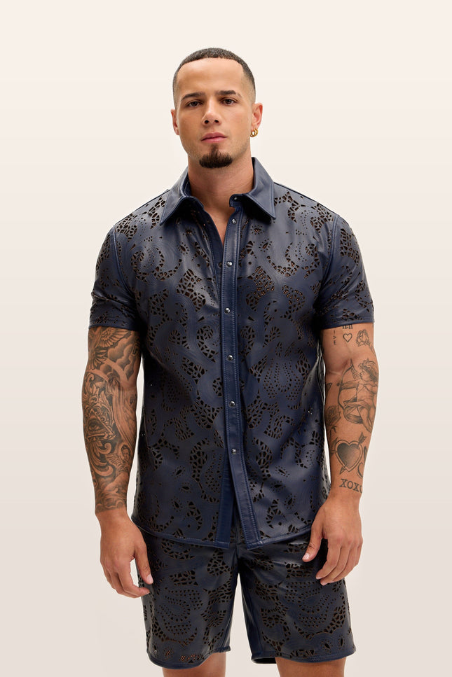 Cut-out Laser Leather Shirt - Navy