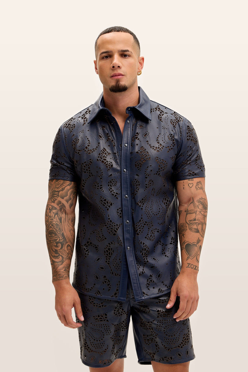 Cut-out Laser Leather Shirt - Navy