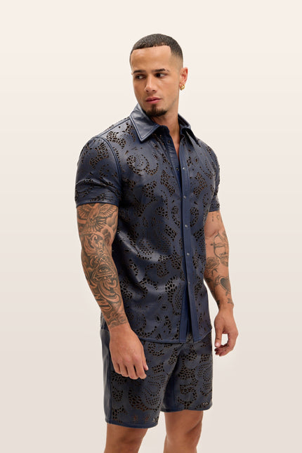 Cut-out Laser Leather Shirt - Navy