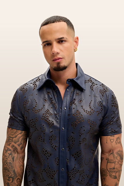 Cut-out Laser Leather Shirt - Navy
