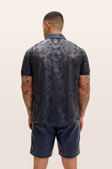 Cut-out Laser Leather Shirt - Navy