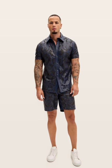 Cut-out Laser Leather Shirt - Navy