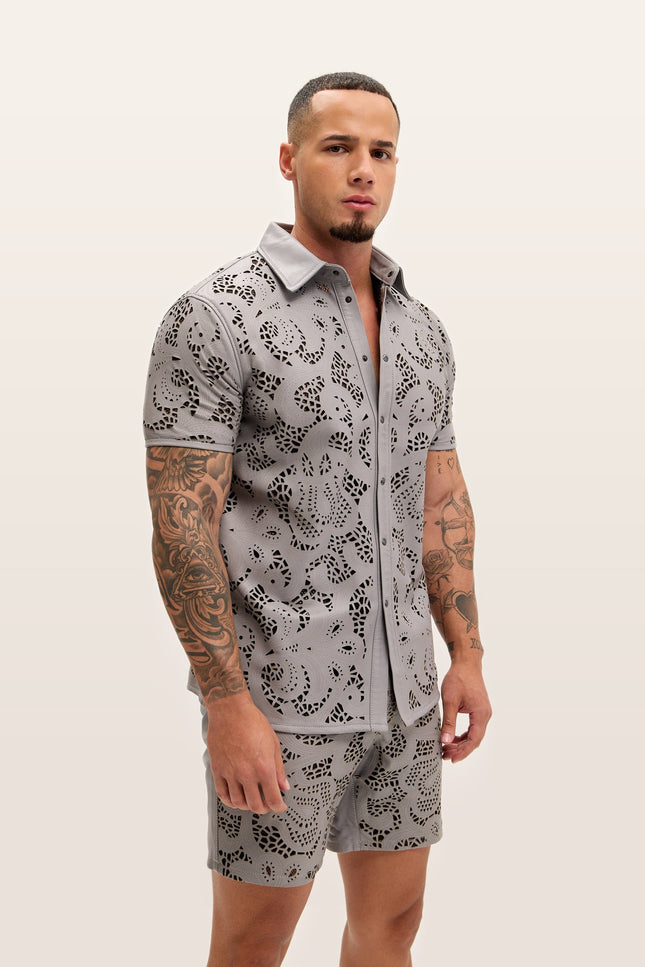Cut-out Laser Leather Shirt - Grey