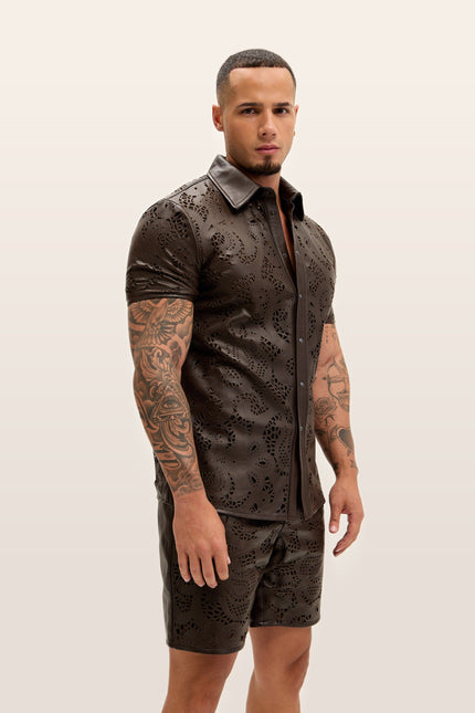 Cut-out Laser Leather Shirt - Dark Brown