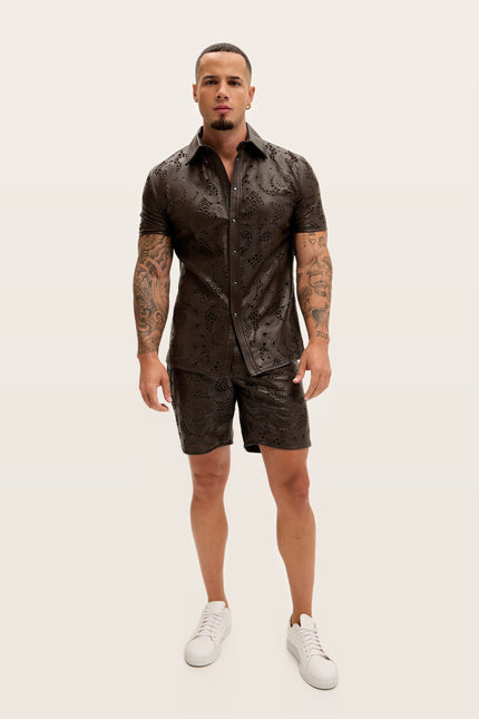 Cut-out Laser Leather Shirt - Dark Brown