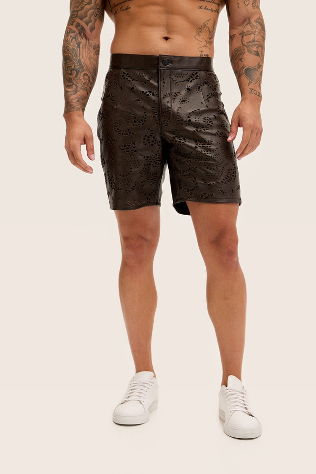 Cut-Out Leather Shorts - Dark Brown
