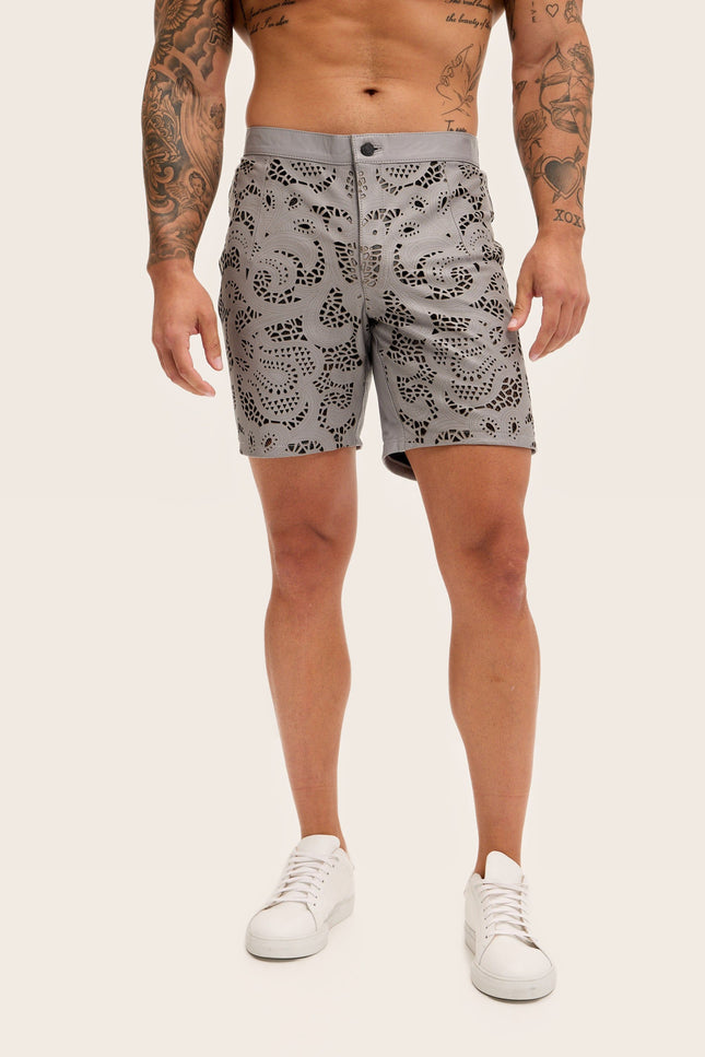 Cut-Out Leather Shorts - Grey