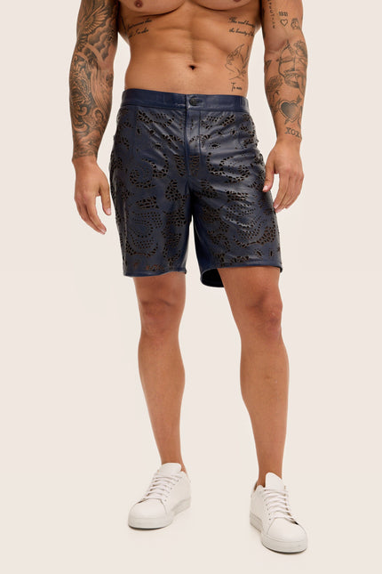 Cut-Out Leather Shorts - Navy