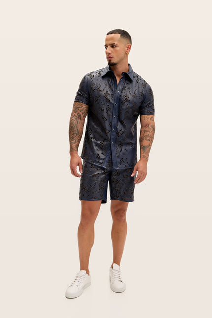 Cut-Out Leather Shorts - Navy