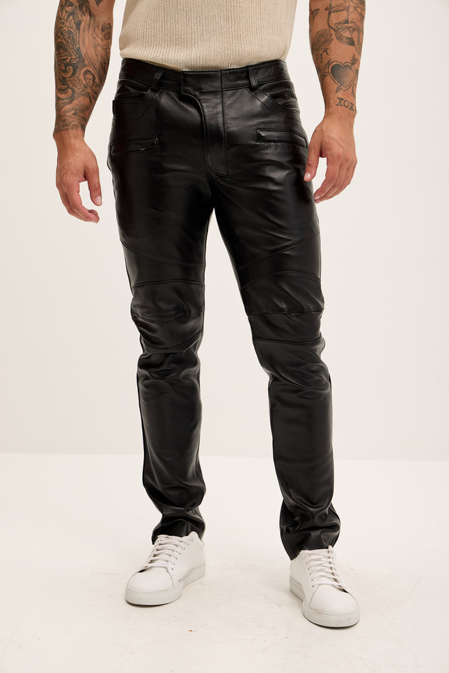 Men's Premium Lambskin Leather Pants - Black - Ron Tomson Los Angeles