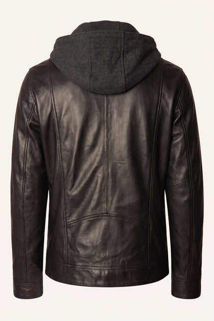 Hooded Zip Front Leather Jacket - Black - Back View