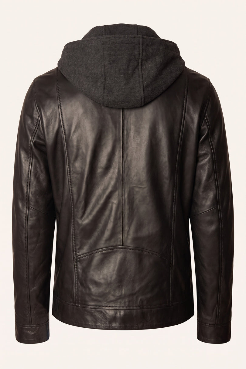 Hooded Zip Front Leather Jacket - Black - Back View