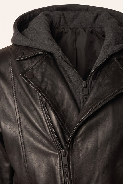 Hooded Zip Front Leather Jacket - Black - Detail View