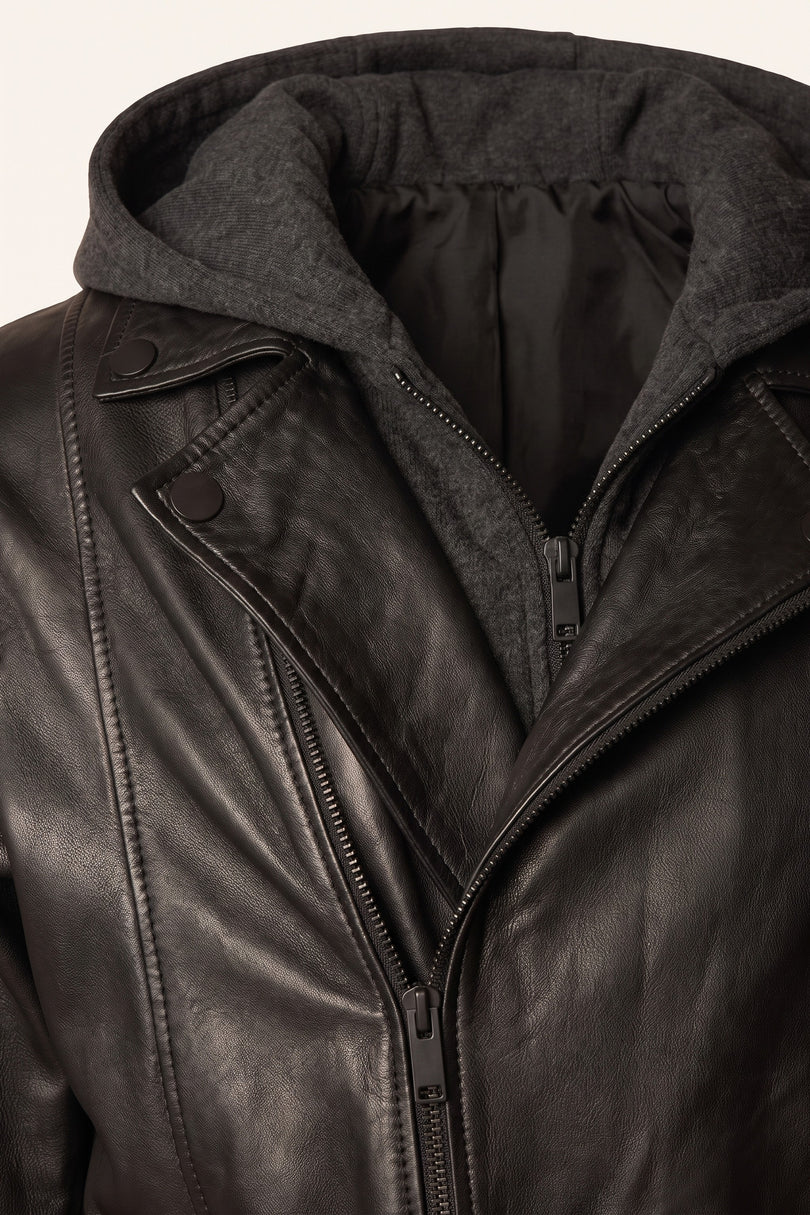 Hooded Zip Front Leather Jacket - Black - Detail View