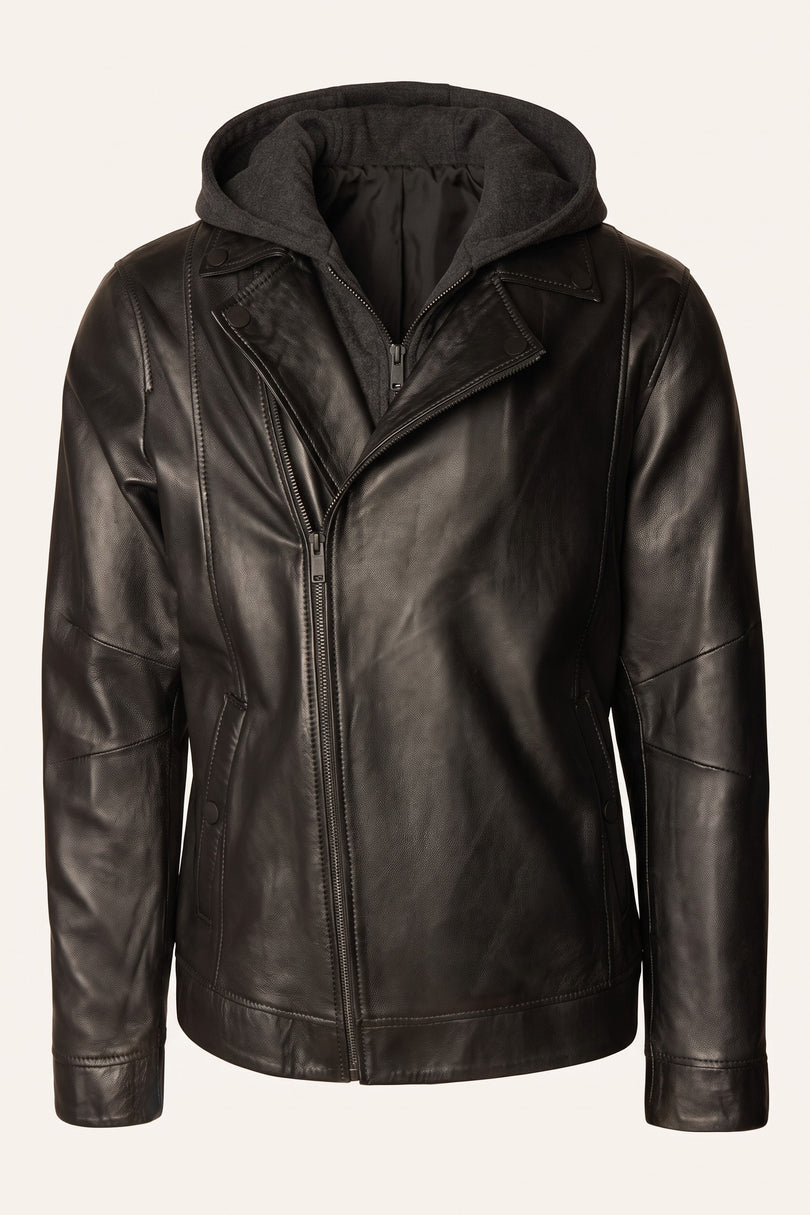 Hooded Zip Front Leather Jacket - Black - Front View