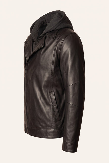 Hooded Zip Front Leather Jacket - Black - Side View