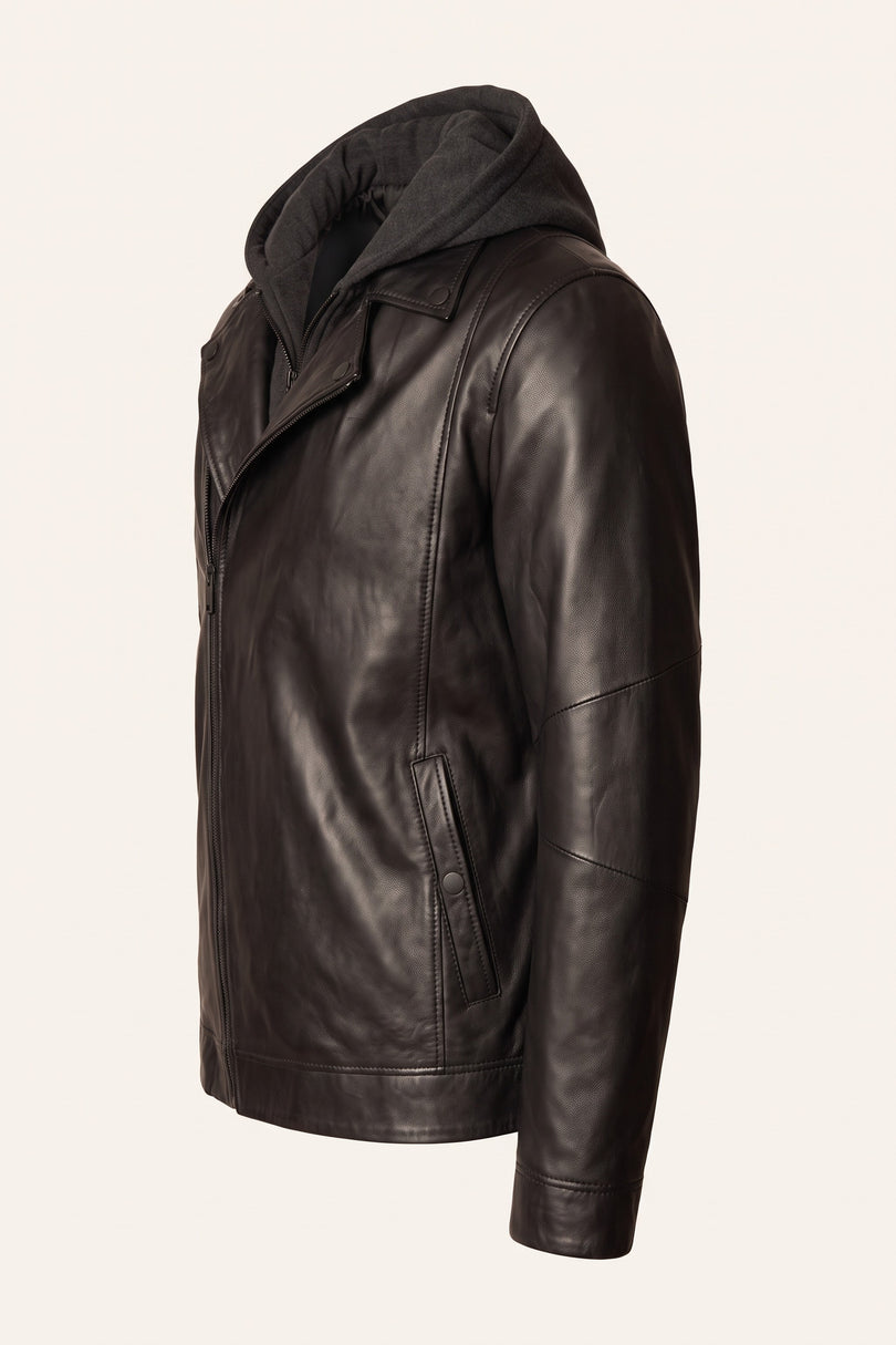 Hooded Zip Front Leather Jacket - Black - Side View