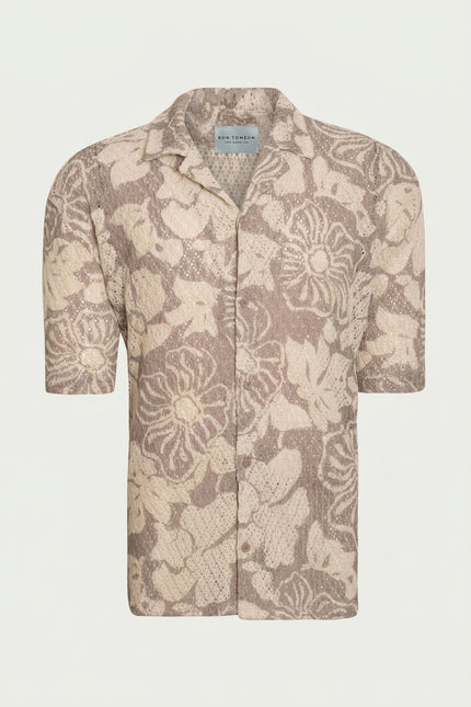 Floral Weave Semi Sheer Shirt - Beige - Front