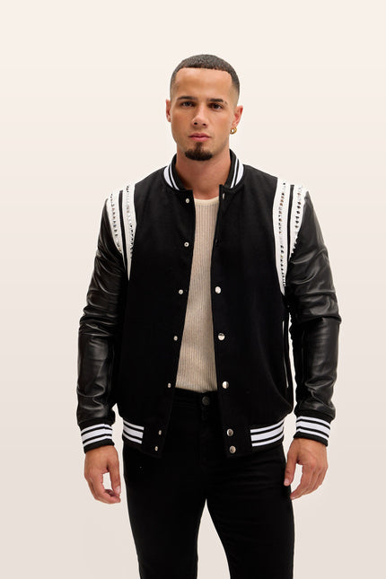 Studded Mixed-Media Leather Varsity Jacket - Black