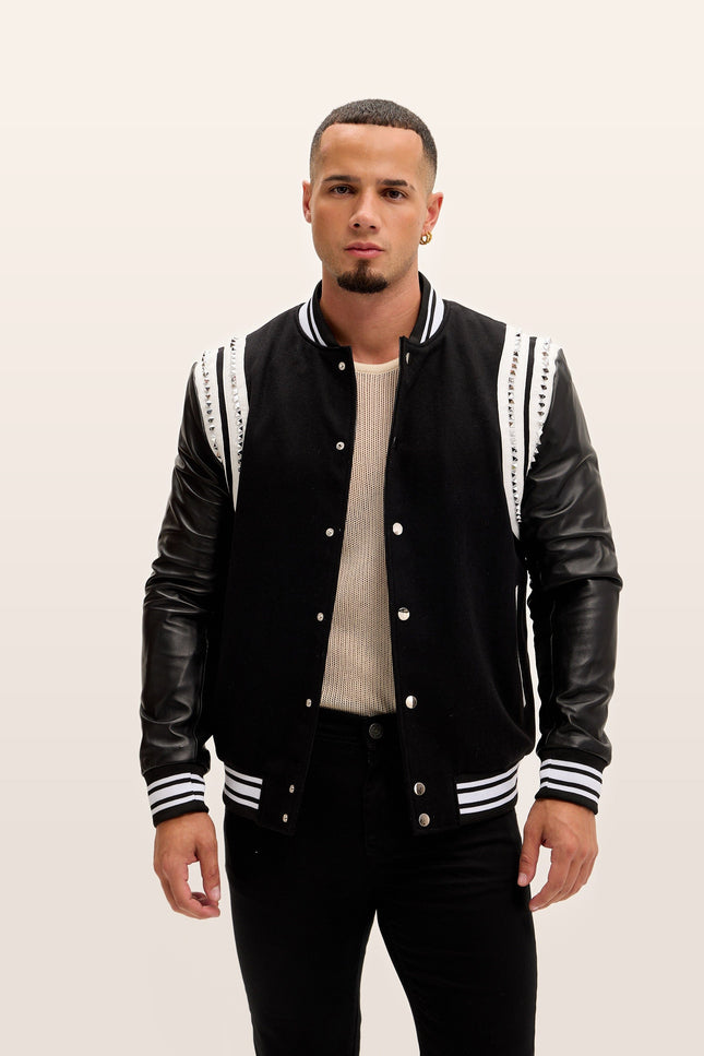 Studded Mixed-Media Leather Varsity Jacket - Black