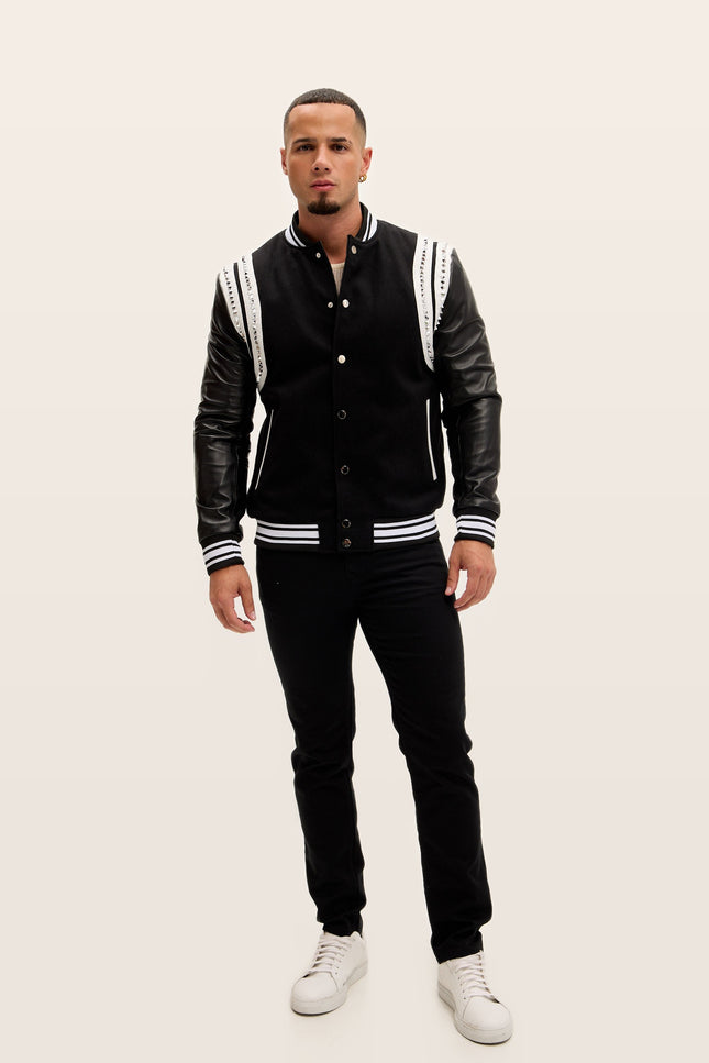 Studded Mixed-Media Leather Varsity Jacket - Black