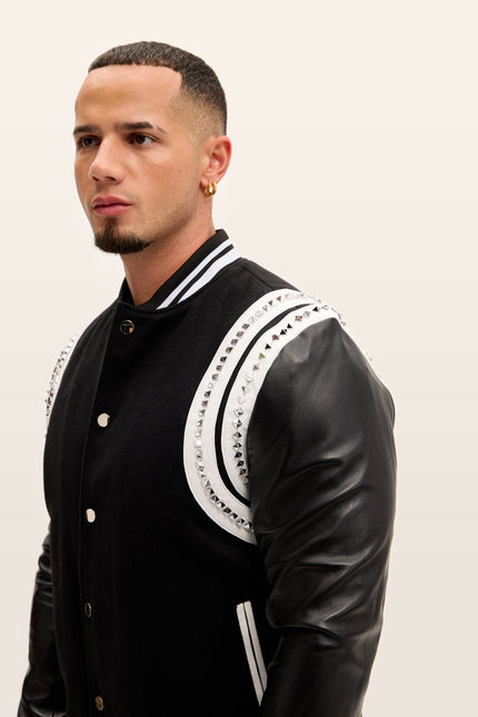 Studded Mixed-Media Leather Varsity Jacket - Black