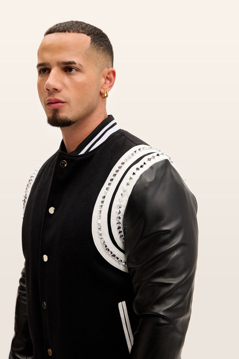 Studded Mixed-Media Leather Varsity Jacket - Black