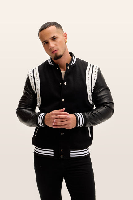 Studded Mixed-Media Leather Varsity Jacket - Black