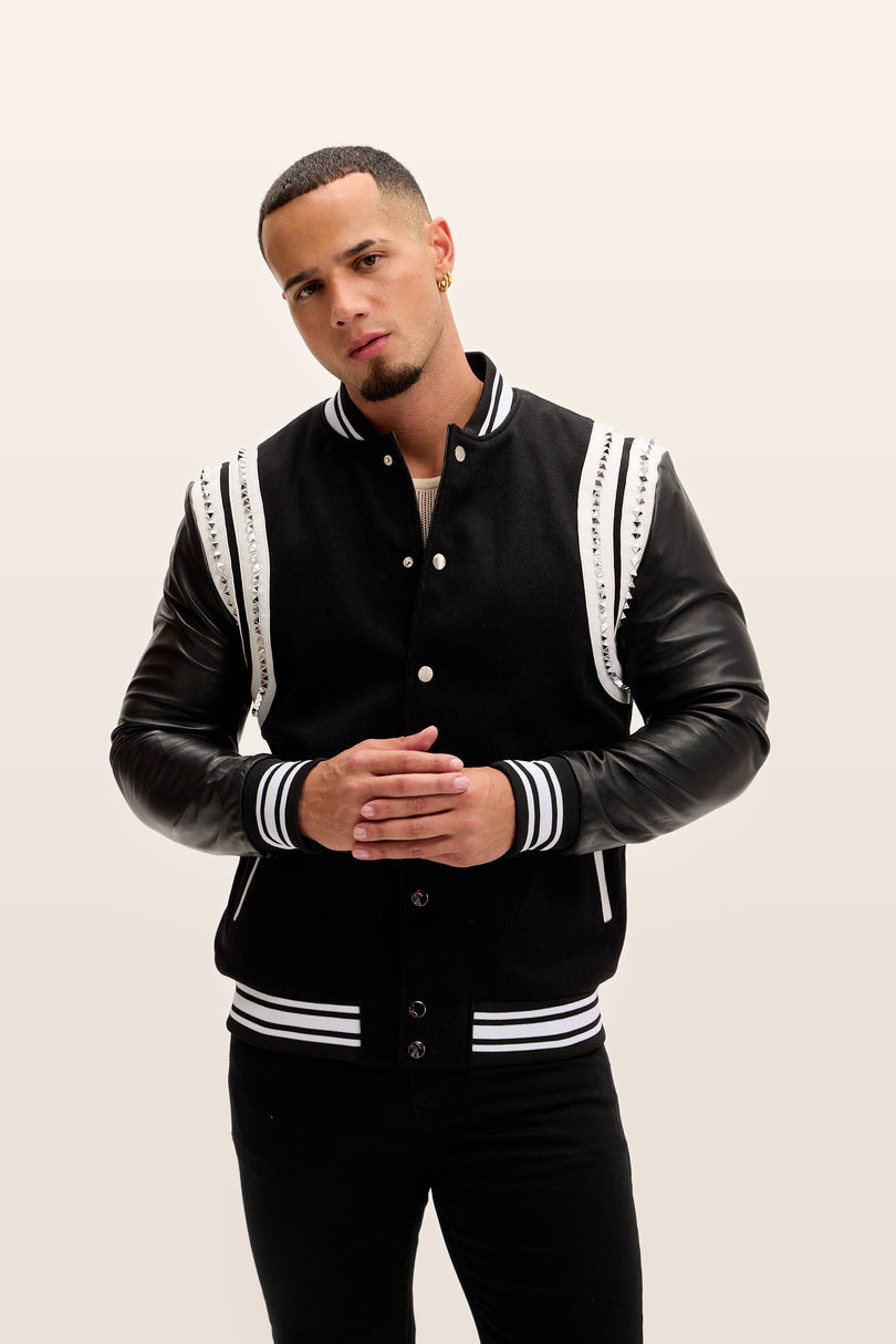 Studded Mixed-Media Leather Varsity Jacket - Black
