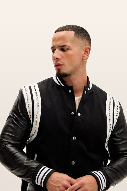 Studded Mixed-Media Leather Varsity Jacket - Black