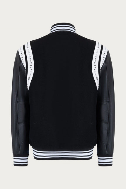 Studded Mixed-Media Leather Varsity Jacket - Black
