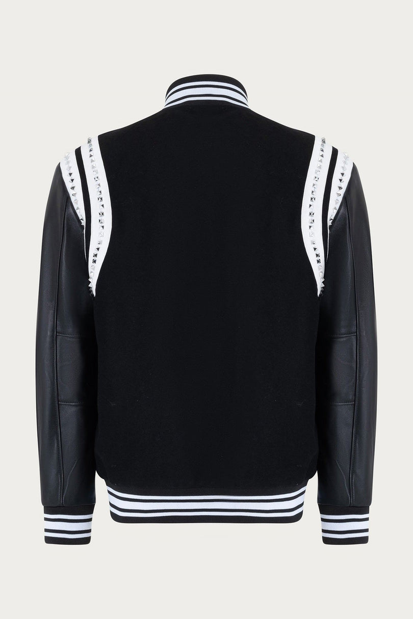 Studded Mixed-Media Leather Varsity Jacket - Black